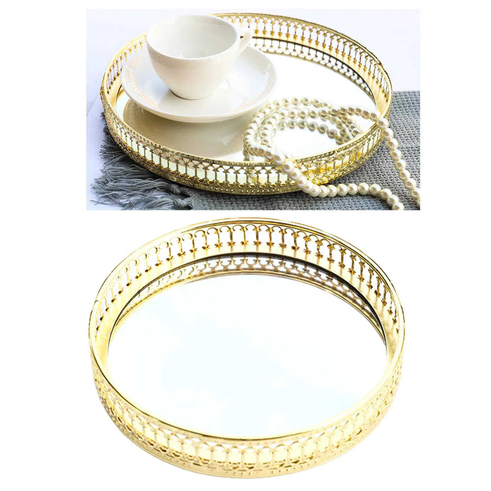 Gold Round Mirror Glass Tray Serving Dresser Jewelry Decorative Vanity Tray