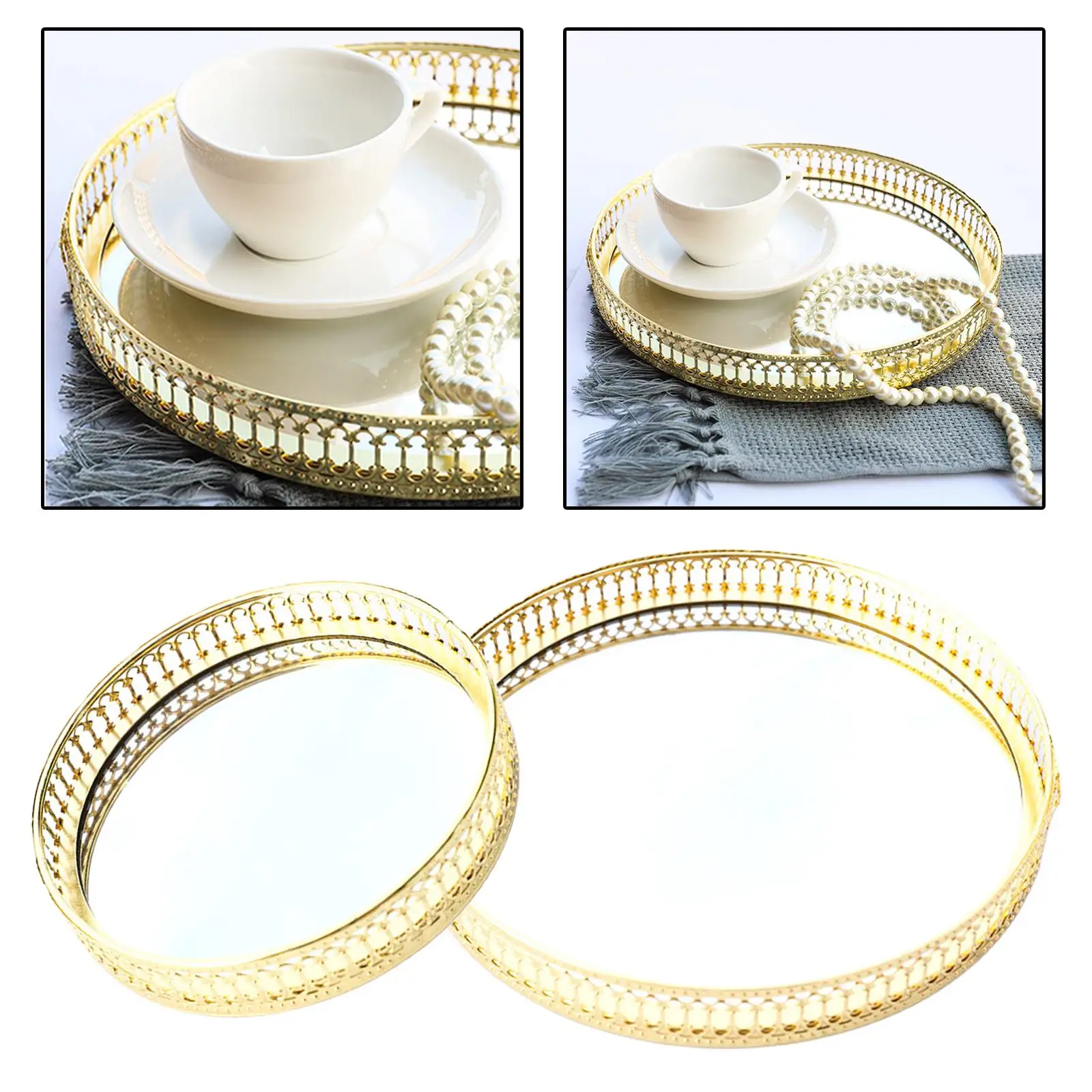 Gold Round Mirror Glass Tray Serving Dresser Jewelry Decorative Vanity Tray