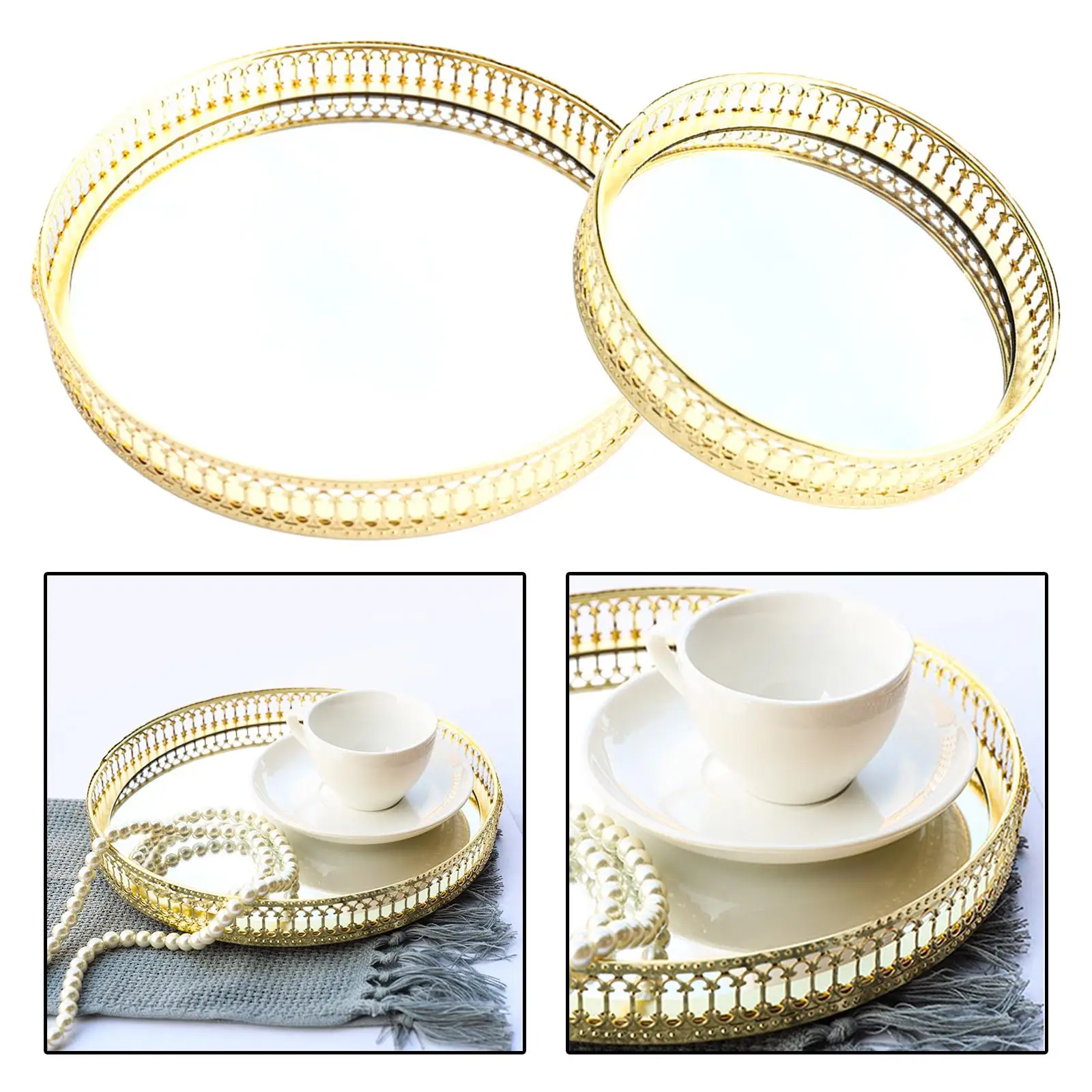 Gold Round Mirror Glass Tray Serving Dresser Jewelry Decorative Vanity Tray