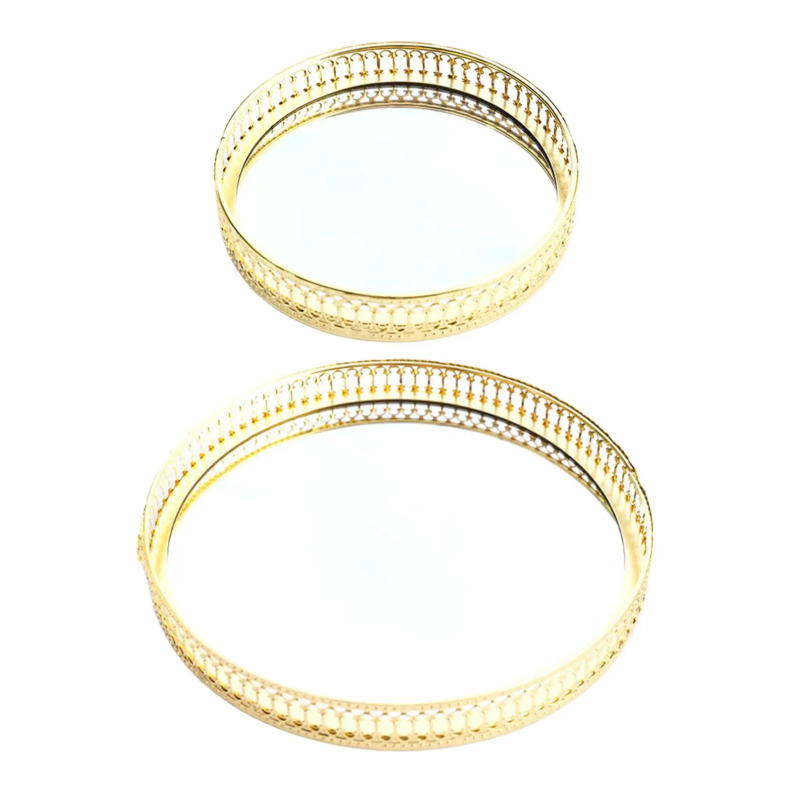 Gold Round Mirror Glass Tray Serving Dresser Jewelry Decorative Vanity Tray