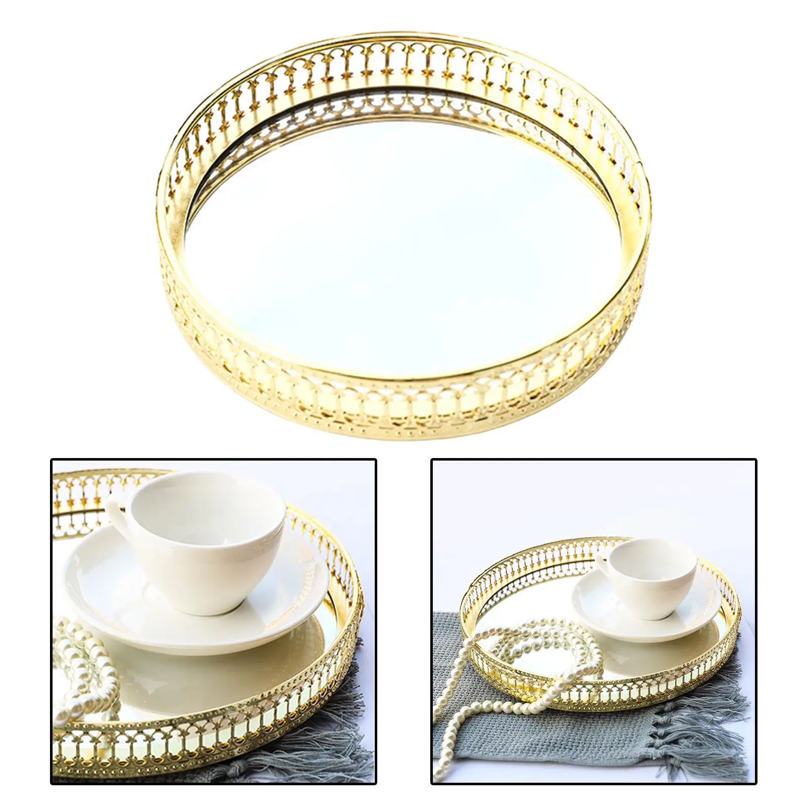 Metal Round Serving/Dressing Table Decorative Tray With Mirror Glass Base