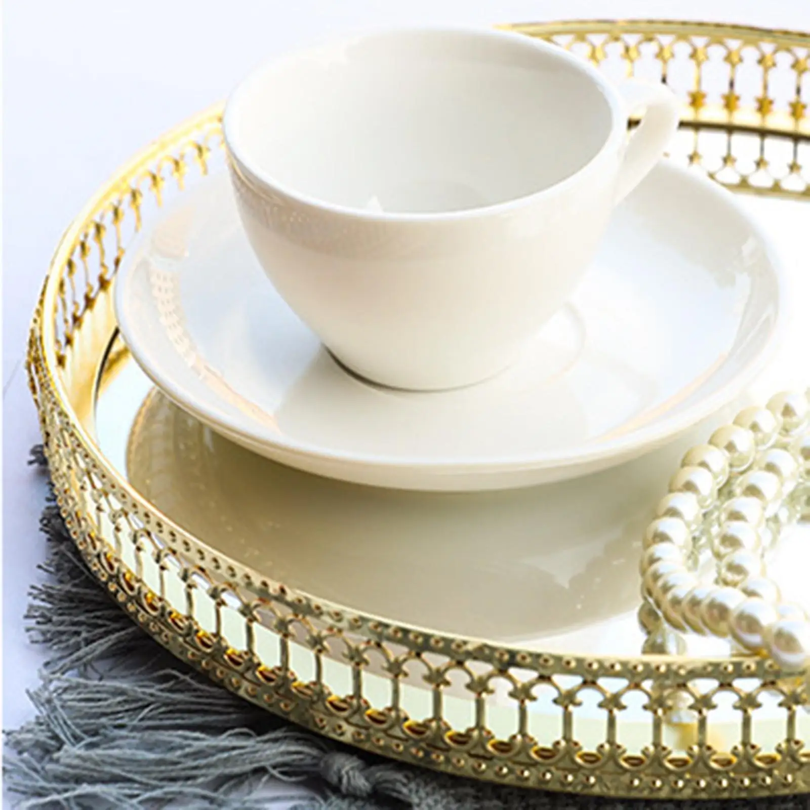 Metal Round Serving/Dressing Table Decorative Tray With Mirror Glass Base