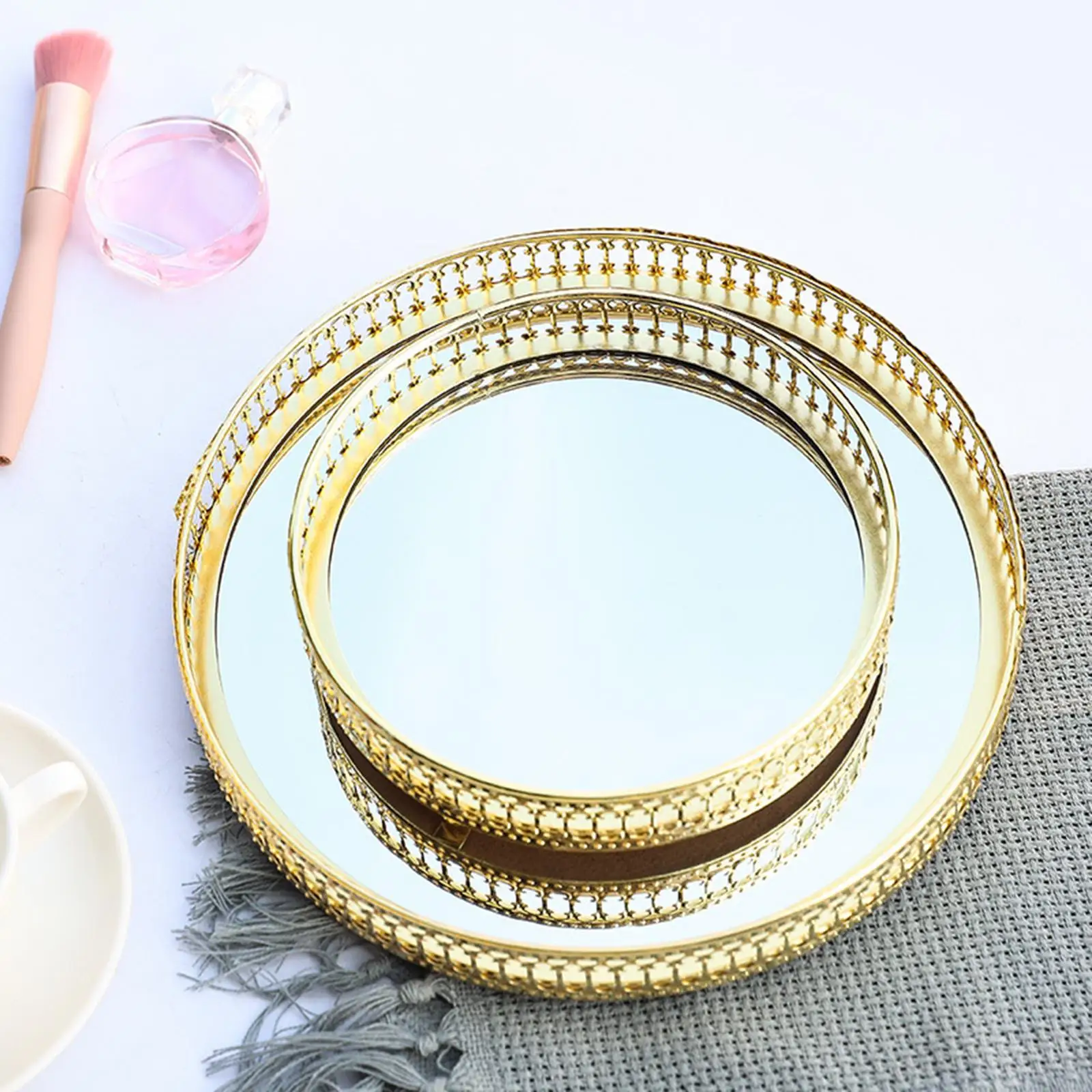 Metal Round Serving/Dressing Table Decorative Tray With Mirror Glass Base