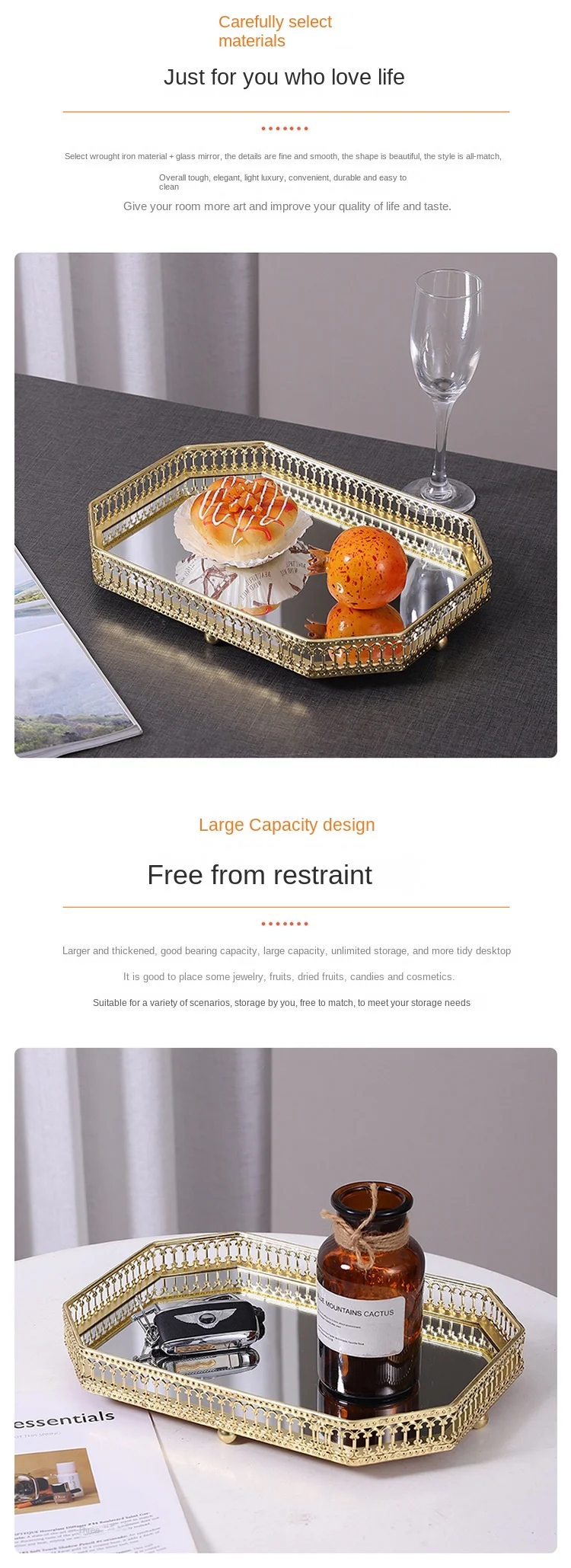 Light Luxury Mirror Metal Tray Cafe Restaurant Home Entrance Storage Tray Sample Pose Decoration Props Trays Decorative