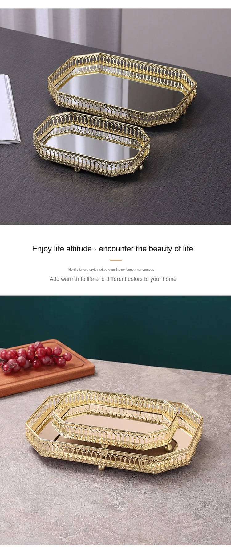 Light Luxury Mirror Metal Tray Cafe Restaurant Home Entrance Storage Tray Sample Pose Decoration Props Trays Decorative