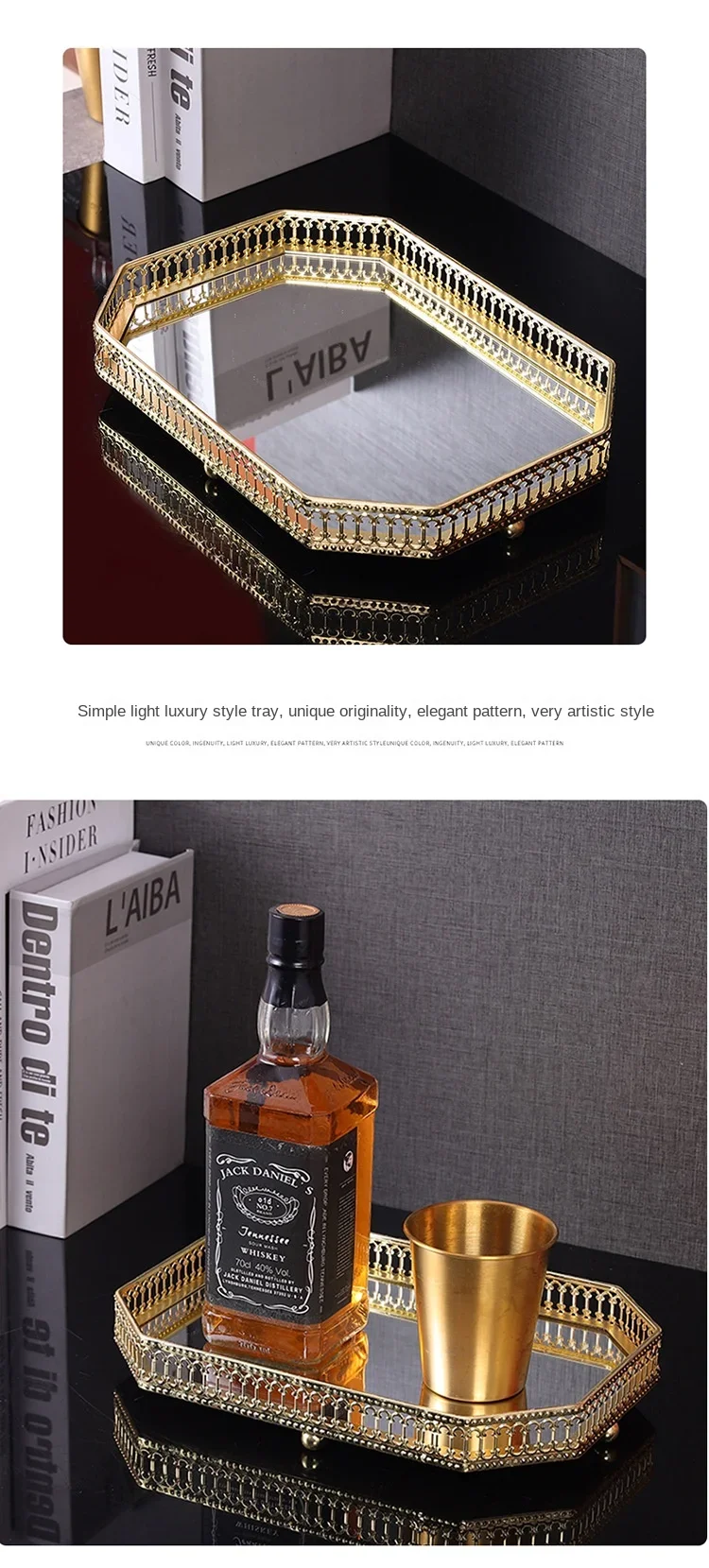 Light Luxury Mirror Metal Tray Cafe Restaurant Home Entrance Storage Tray Sample Pose Decoration Props Trays Decorative